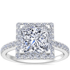 14k 白金公主方形切割光环钻石订婚戒指